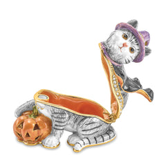 Luxury Giftware Pewter Bejeweled Crystals Gold-tone Enameled SERENA Halloween Cat Trinket Box with Matching 18 Inch Necklace