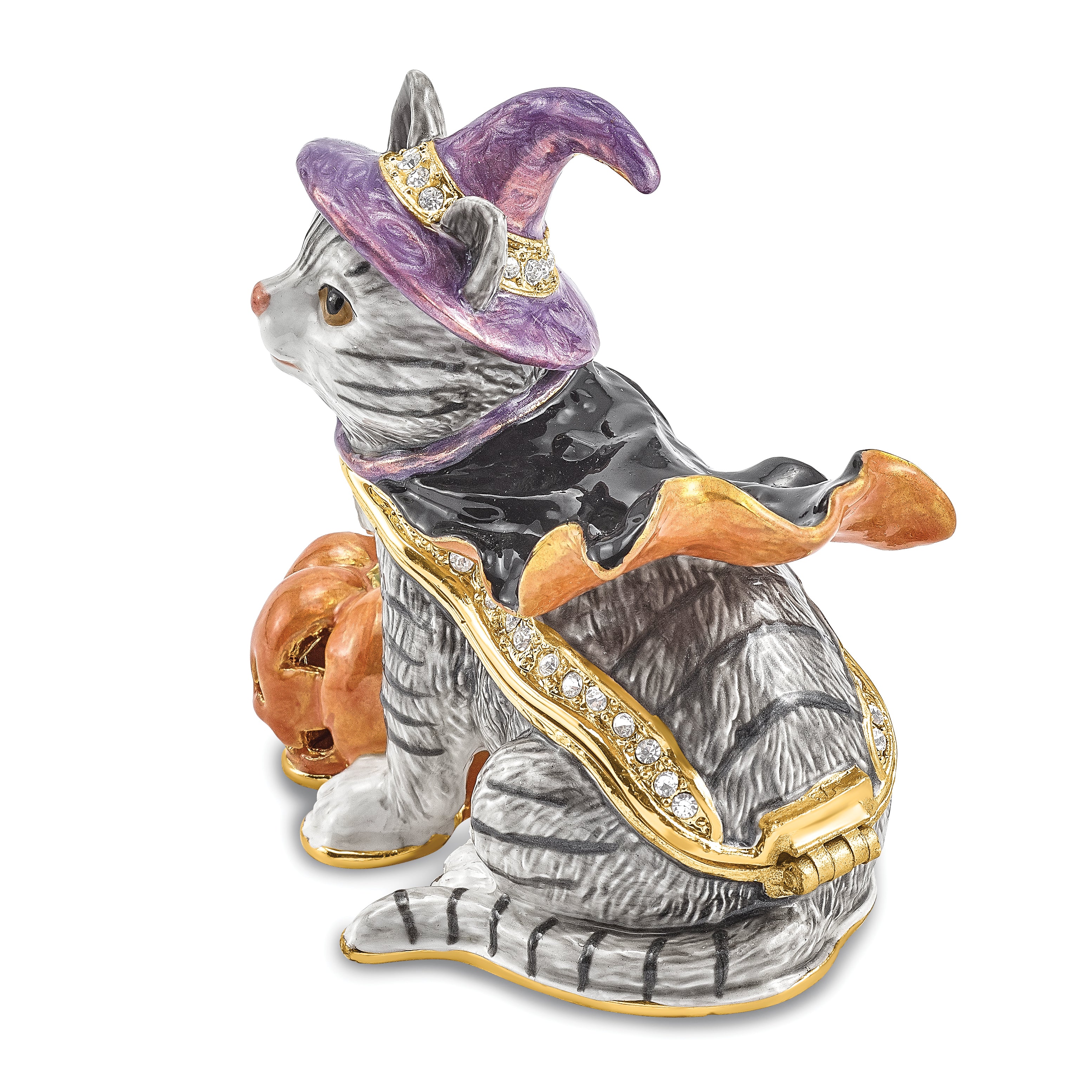 Luxury Giftware Pewter Bejeweled Crystals Gold-tone Enameled SERENA Halloween Cat Trinket Box with Matching 18 Inch Necklace