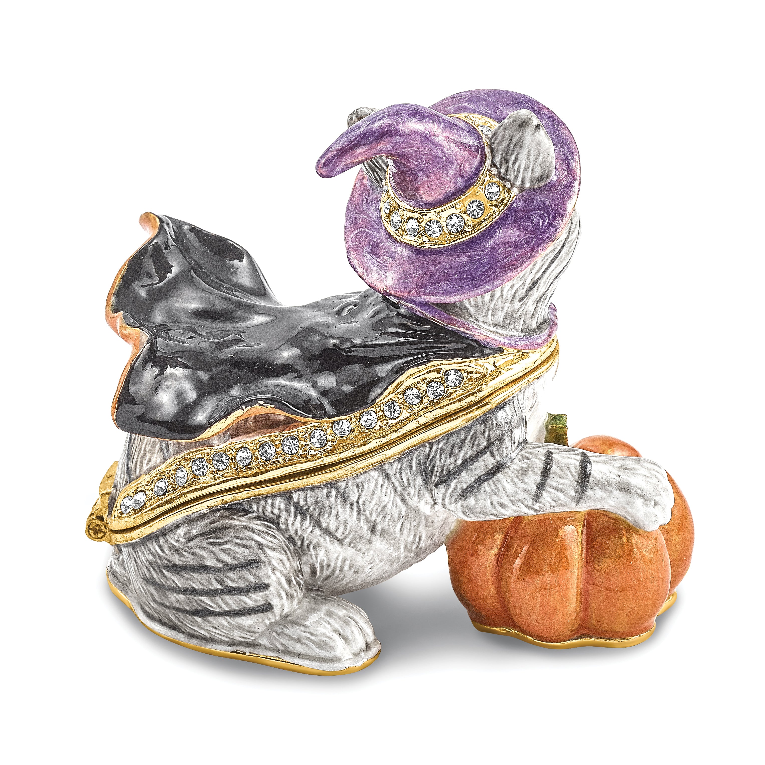 Luxury Giftware Pewter Bejeweled Crystals Gold-tone Enameled SERENA Halloween Cat Trinket Box with Matching 18 Inch Necklace