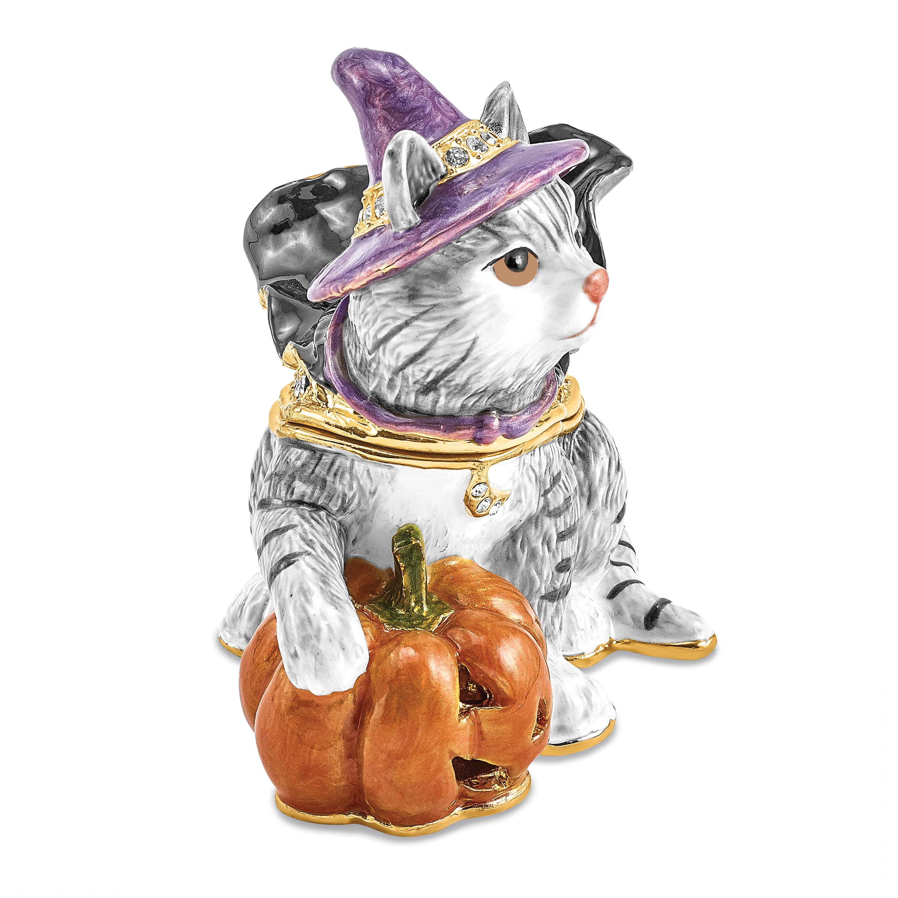 Luxury Giftware Pewter Bejeweled Crystals Gold-tone Enameled SERENA Halloween Cat Trinket Box with Matching 18 Inch Necklace