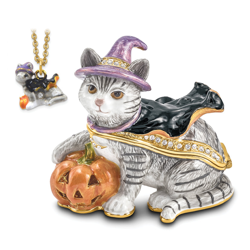 Luxury Giftware Pewter Bejeweled Crystals Gold-tone Enameled SERENA Halloween Cat Trinket Box with Matching 18 Inch Necklace