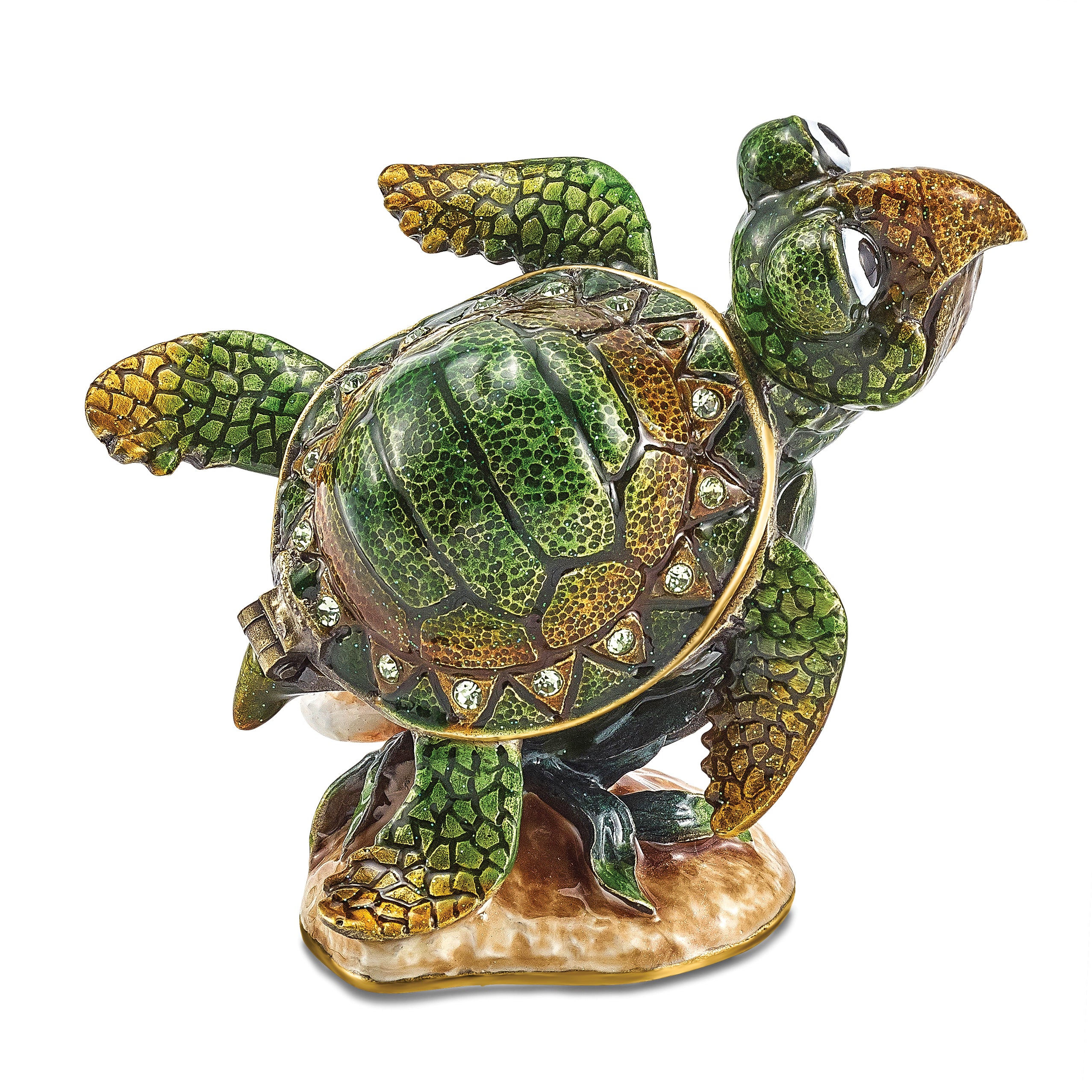 Luxury Giftware Pewter Bejeweled Crystals Gold-tone Enameled JEREMY Green Sea Turtle Trinket Box with Matching 18 Inch Necklace