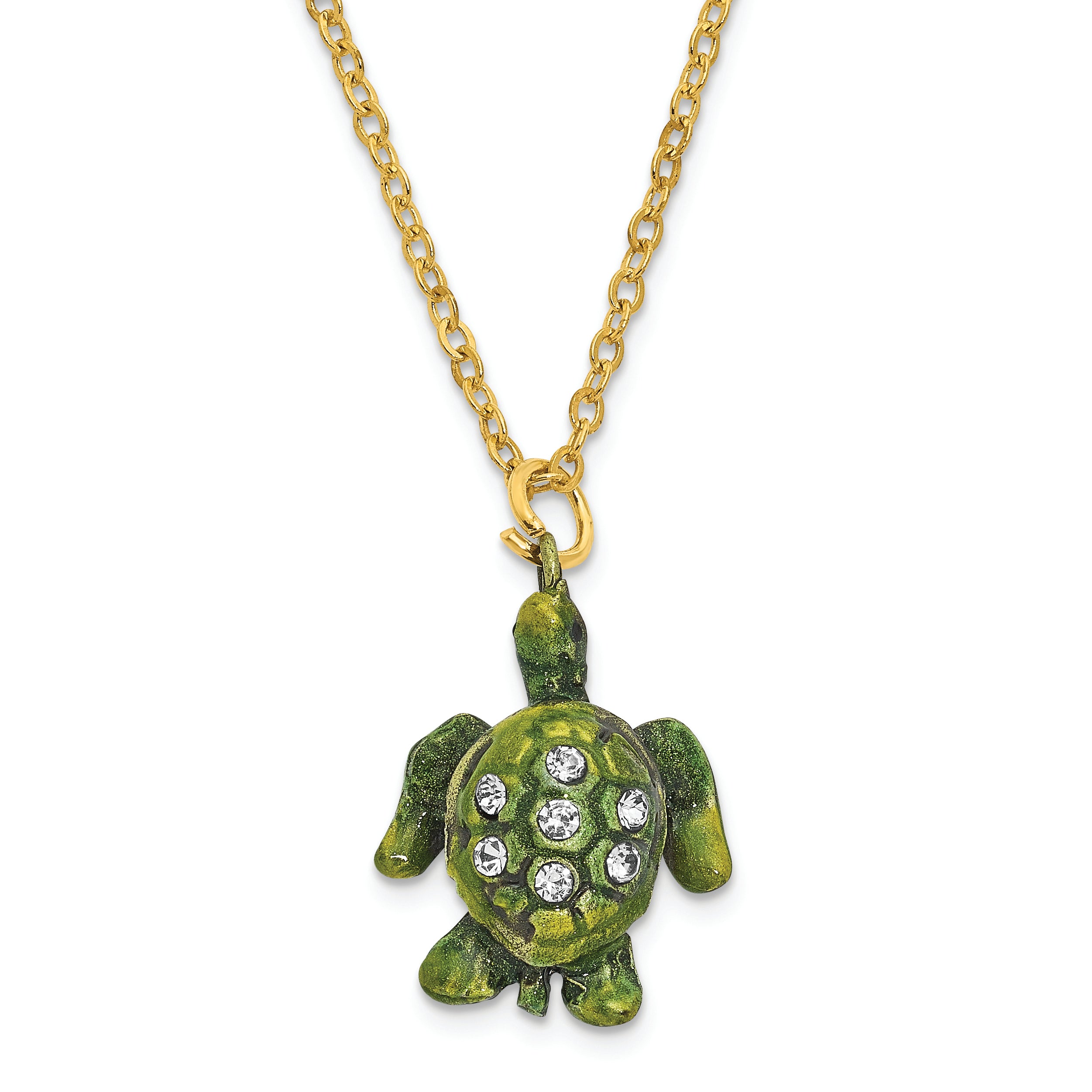 Luxury Giftware Pewter Bejeweled Crystals Gold-tone Enameled JEREMY Green Sea Turtle Trinket Box with Matching 18 Inch Necklace