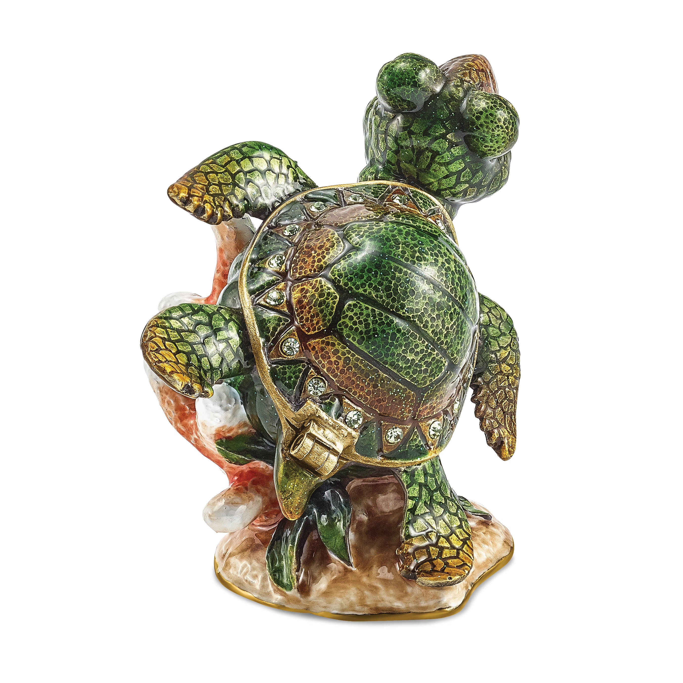 Luxury Giftware Pewter Bejeweled Crystals Gold-tone Enameled JEREMY Green Sea Turtle Trinket Box with Matching 18 Inch Necklace