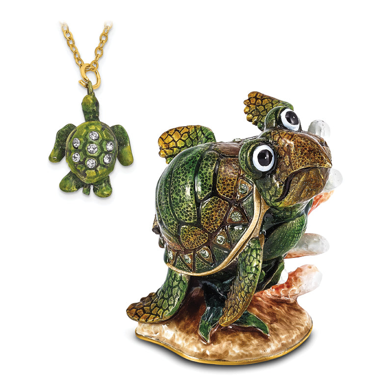 Luxury Giftware Pewter Bejeweled Crystals Gold-tone Enameled JEREMY Green Sea Turtle Trinket Box with Matching 18 Inch Necklace