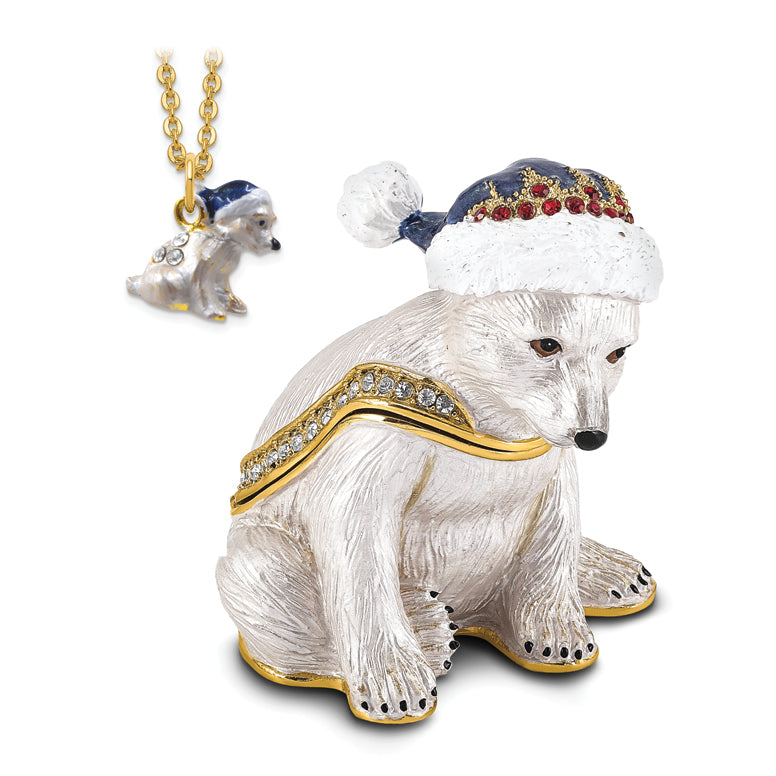 Luxury Giftware Pewter Bejeweled Crystals Gold-tone Enameled NOELLE Cuddly Polar Bear Cub Trinket Box with Matching 18 Inch Necklace