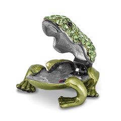 Luxury Giftware Pewter Bejeweled Crystals Silver-tone Enameled HOPPER Small Green Frog Trinket Box with Matching 18 Inch Necklace