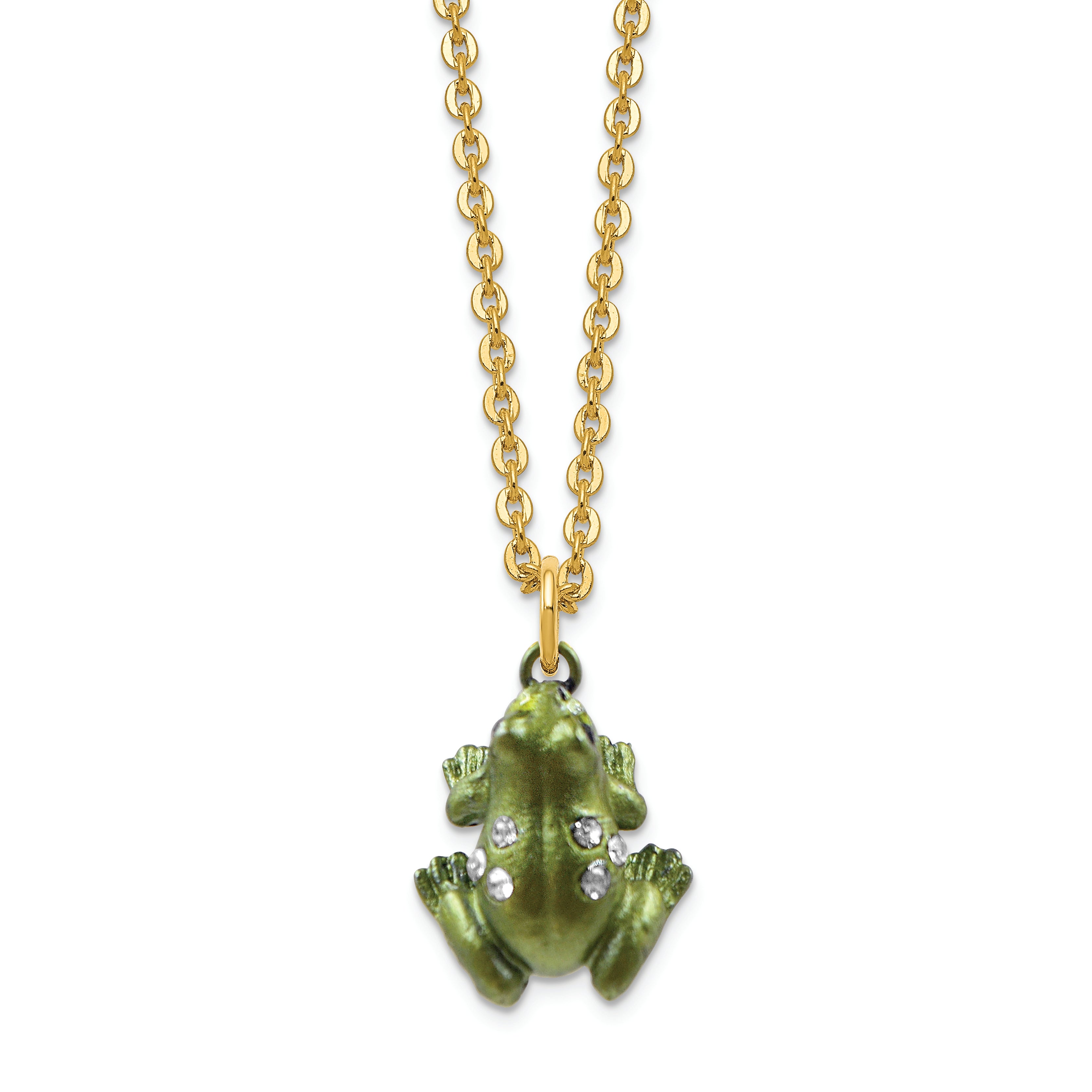 Luxury Giftware Pewter Bejeweled Crystals Silver-tone Enameled HOPPER Small Green Frog Trinket Box with Matching 18 Inch Necklace