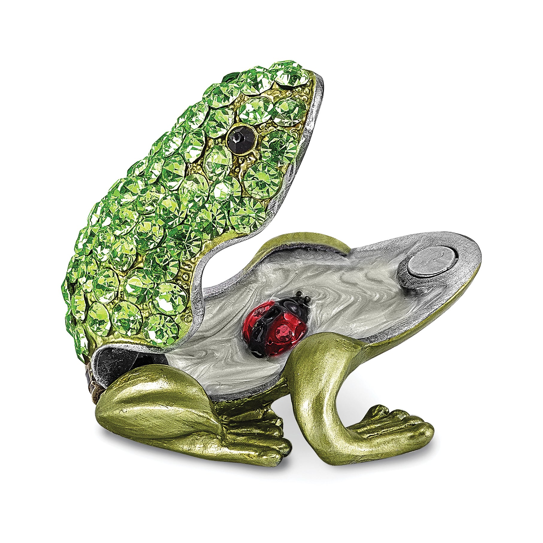 Luxury Giftware Pewter Bejeweled Crystals Silver-tone Enameled HOPPER Small Green Frog Trinket Box with Matching 18 Inch Necklace