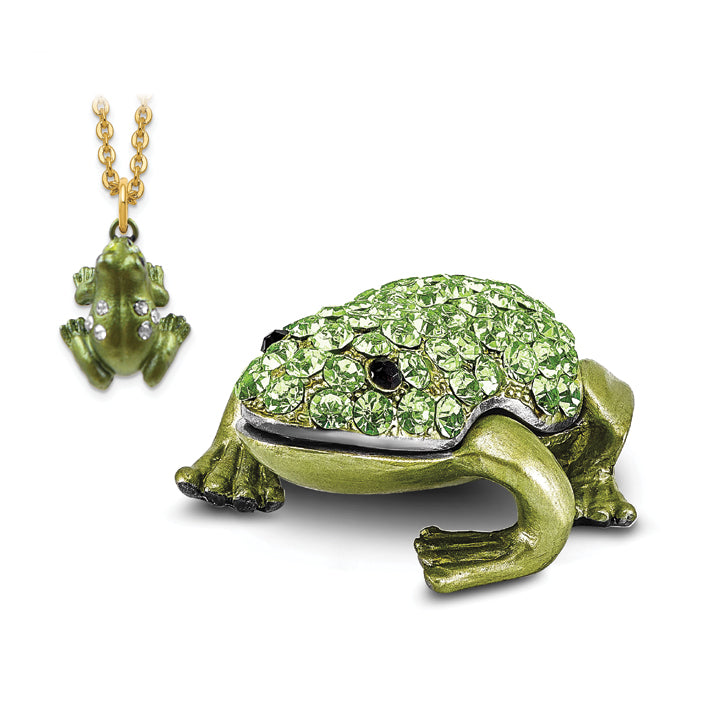 Luxury Giftware Pewter Bejeweled Crystals Silver-tone Enameled HOPPER Small Green Frog Trinket Box with Matching 18 Inch Necklace