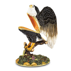 Luxury Giftware Pewter Bejeweled Crystals Gold-tone Enameled LIBERTY Bald Eagle Trinket Box with Matching 18 Inch Necklace