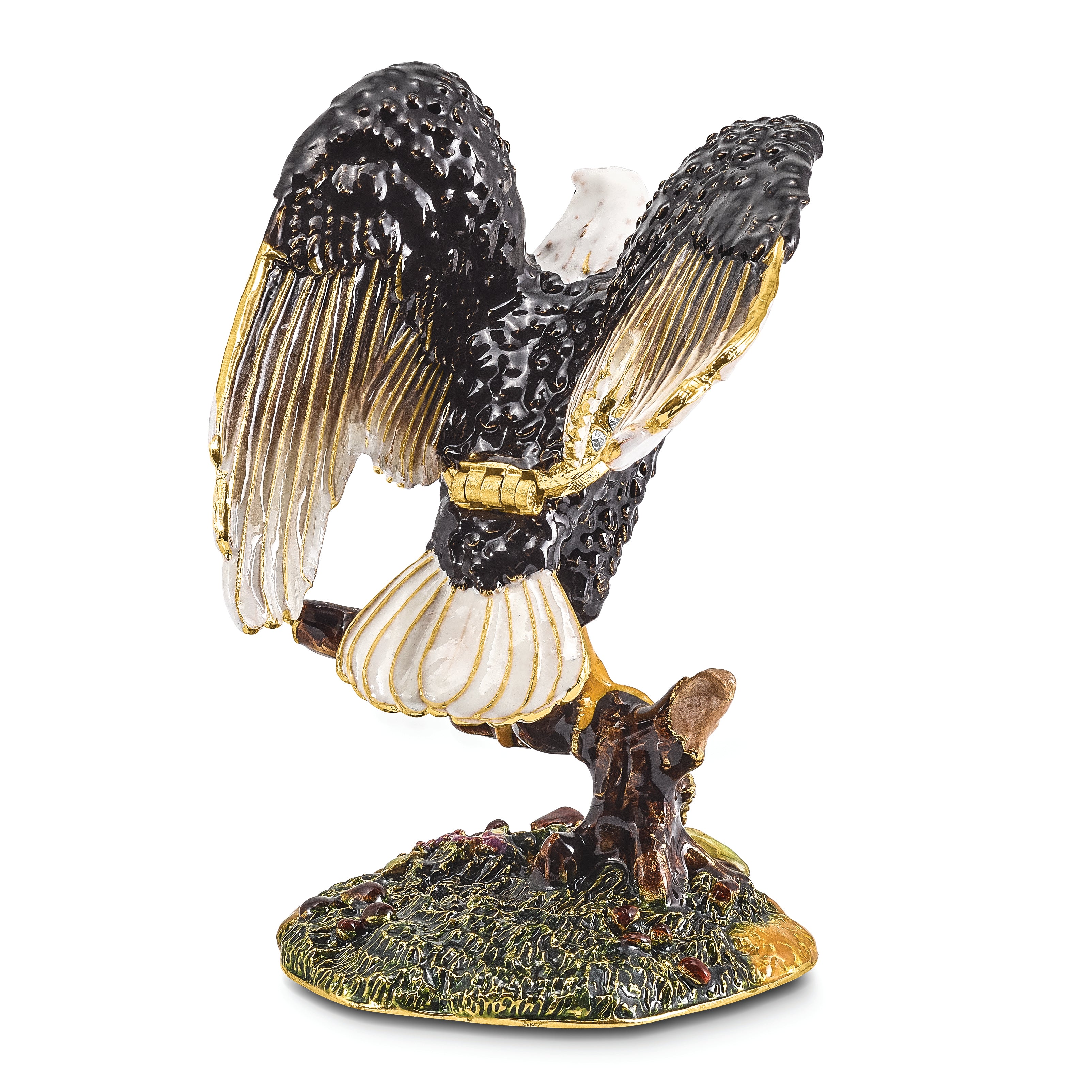 Luxury Giftware Pewter Bejeweled Crystals Gold-tone Enameled LIBERTY Bald Eagle Trinket Box with Matching 18 Inch Necklace