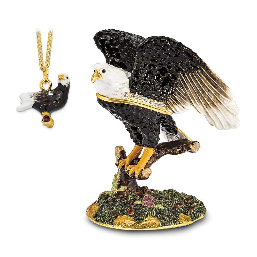 Luxury Giftware Pewter Bejeweled Crystals Gold-tone Enameled LIBERTY Bald Eagle Trinket Box with Matching 18 Inch Necklace