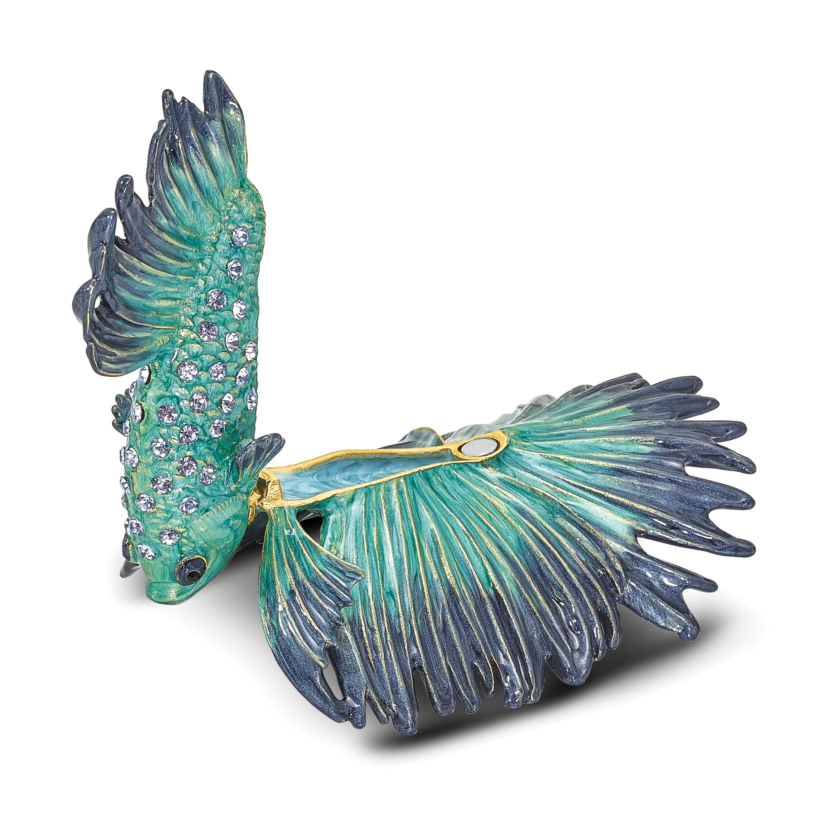 Luxury Giftware Pewter Bejeweled Crystals Gold-tone Enameled SY Betta Fish Trinket Box with Matching 18 Inch Necklace