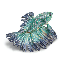 Luxury Giftware Pewter Bejeweled Crystals Gold-tone Enameled SY Betta Fish Trinket Box with Matching 18 Inch Necklace