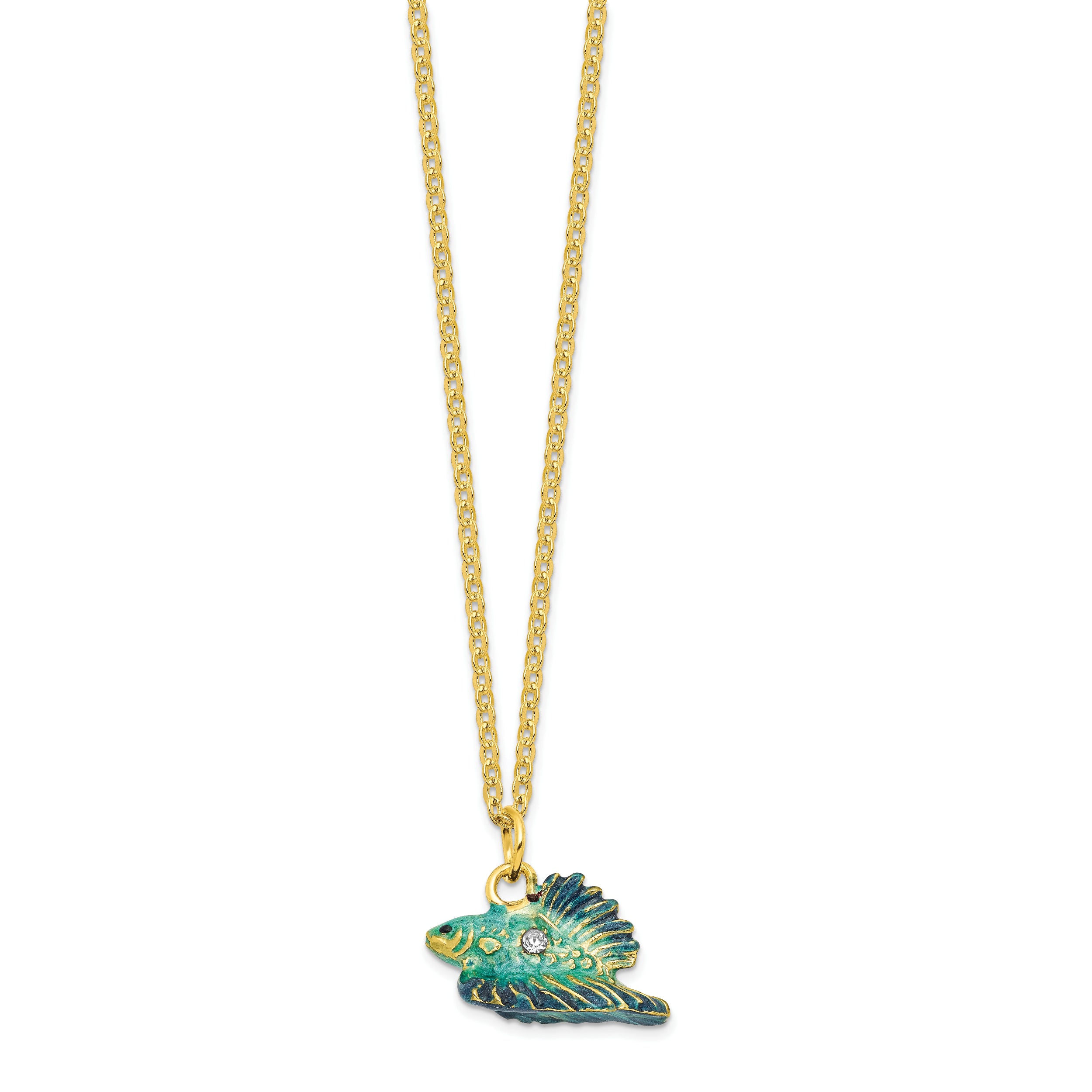 Luxury Giftware Pewter Bejeweled Crystals Gold-tone Enameled SY Betta Fish Trinket Box with Matching 18 Inch Necklace