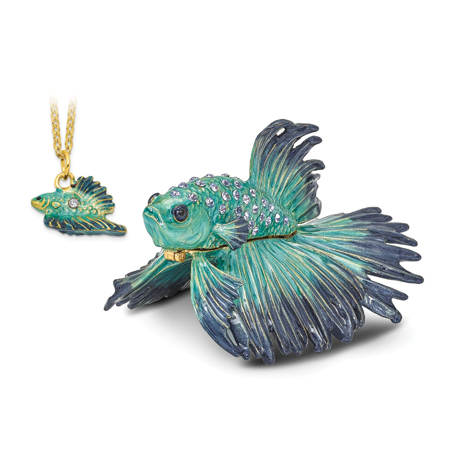 Luxury Giftware Pewter Bejeweled Crystals Gold-tone Enameled SY Betta Fish Trinket Box with Matching 18 Inch Necklace