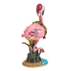 Luxury Giftware Pewter Bejeweled Crystals Gold-tone Enameled LEFTY Holiday Flamingo Trinket Box with Matching 18 Inch Necklace