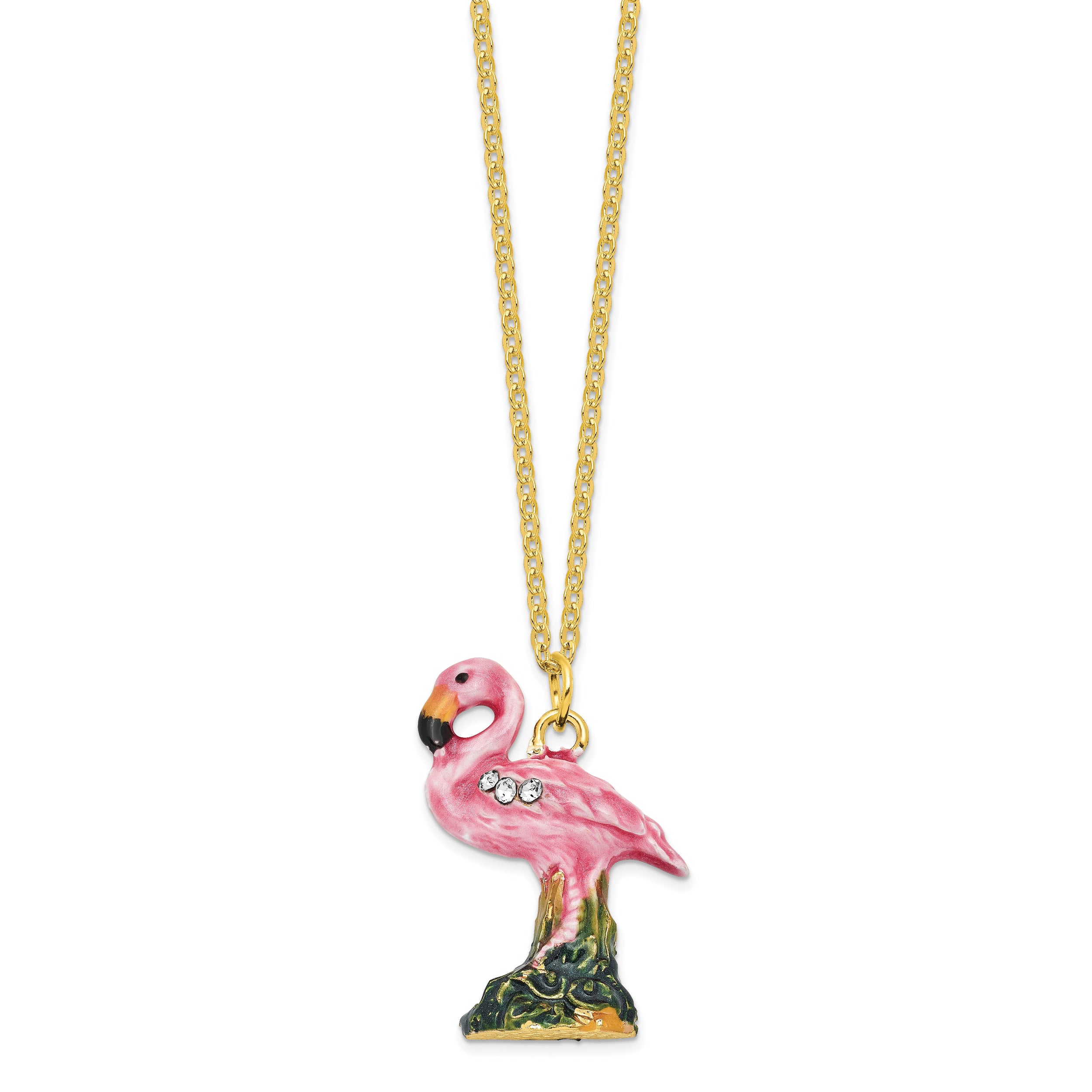 Luxury Giftware Pewter Bejeweled Crystals Gold-tone Enameled LEFTY Holiday Flamingo Trinket Box with Matching 18 Inch Necklace