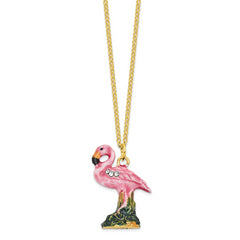 Luxury Giftware Pewter Bejeweled Crystals Gold-tone Enameled LEFTY Holiday Flamingo Trinket Box with Matching 18 Inch Necklace