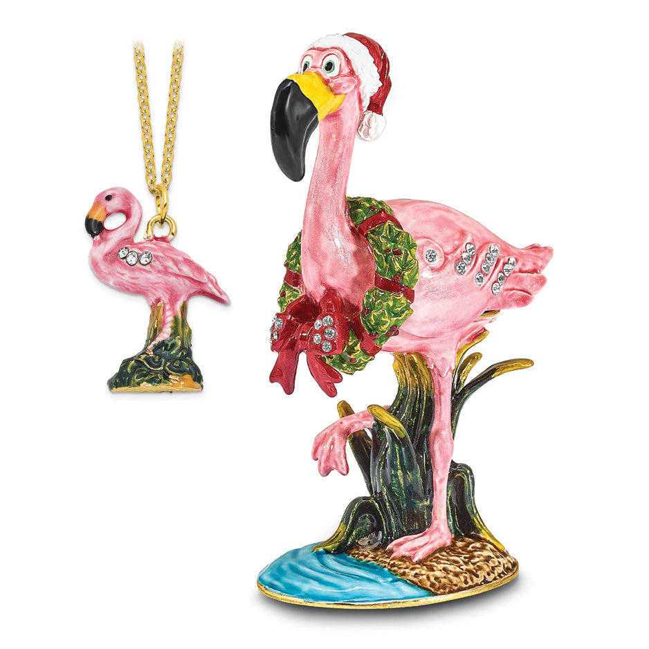 Luxury Giftware Pewter Bejeweled Crystals Gold-tone Enameled LEFTY Holiday Flamingo Trinket Box with Matching 18 Inch Necklace