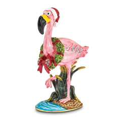 Luxury Giftware Pewter Bejeweled Crystals Gold-tone Enameled LEFTY Holiday Flamingo Trinket Box with Matching 18 Inch Necklace