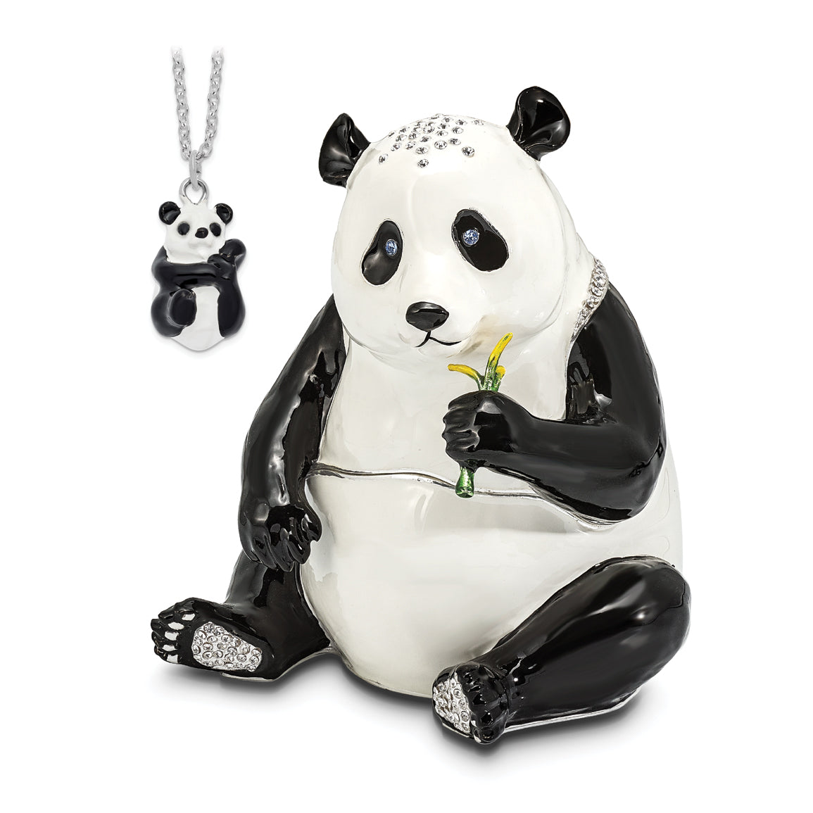 Luxury Giftware Pewter Bejeweled Crystals Silver-tone Enameled MANDA PANDA Large Panda Trinket Box with Matching 18 Inch Necklace