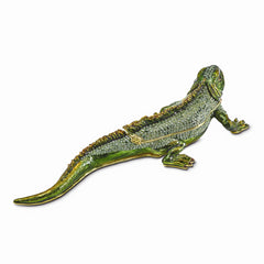 Luxury Giftware Pewter Bejeweled Crystals Gold-tone Enameled IGGY Iguana Trinket Box with Matching 18 Inch Necklace