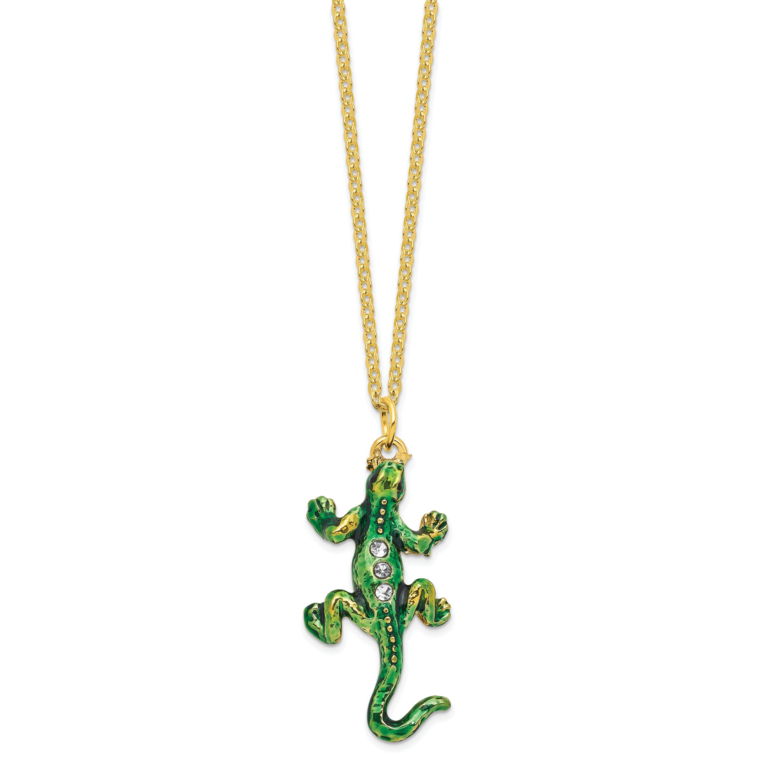 Luxury Giftware Pewter Bejeweled Crystals Gold-tone Enameled IGGY Iguana Trinket Box with Matching 18 Inch Necklace