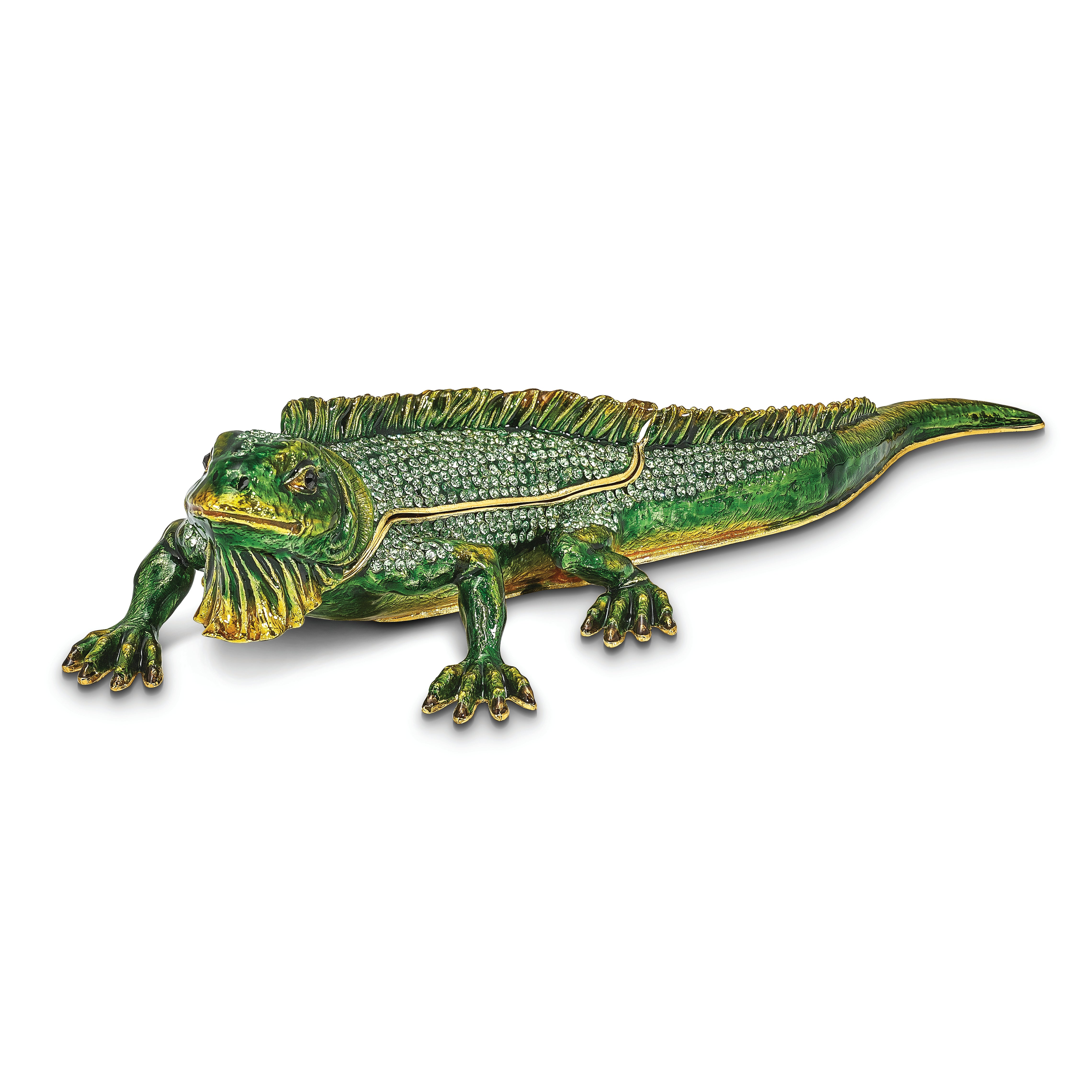 Luxury Giftware Pewter Bejeweled Crystals Gold-tone Enameled IGGY Iguana Trinket Box with Matching 18 Inch Necklace