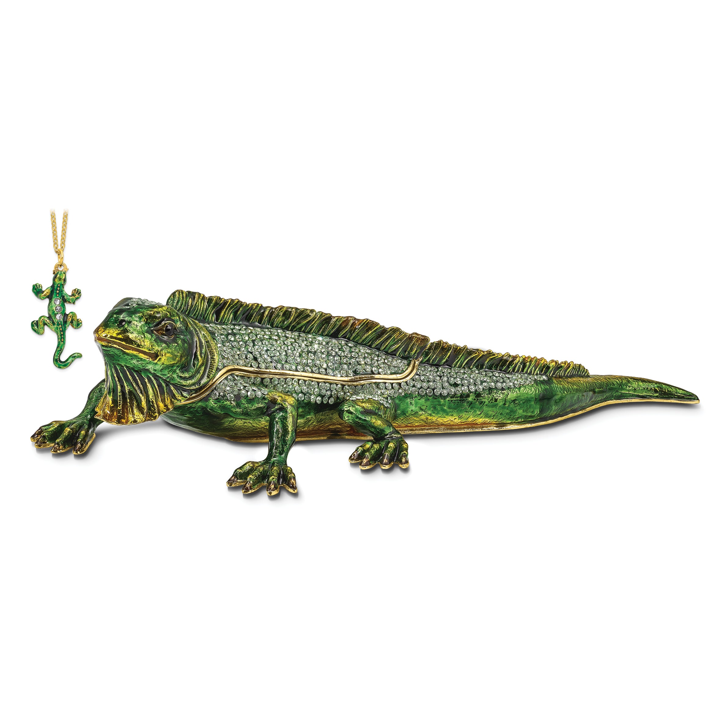 Luxury Giftware Pewter Bejeweled Crystals Gold-tone Enameled IGGY Iguana Trinket Box with Matching 18 Inch Necklace