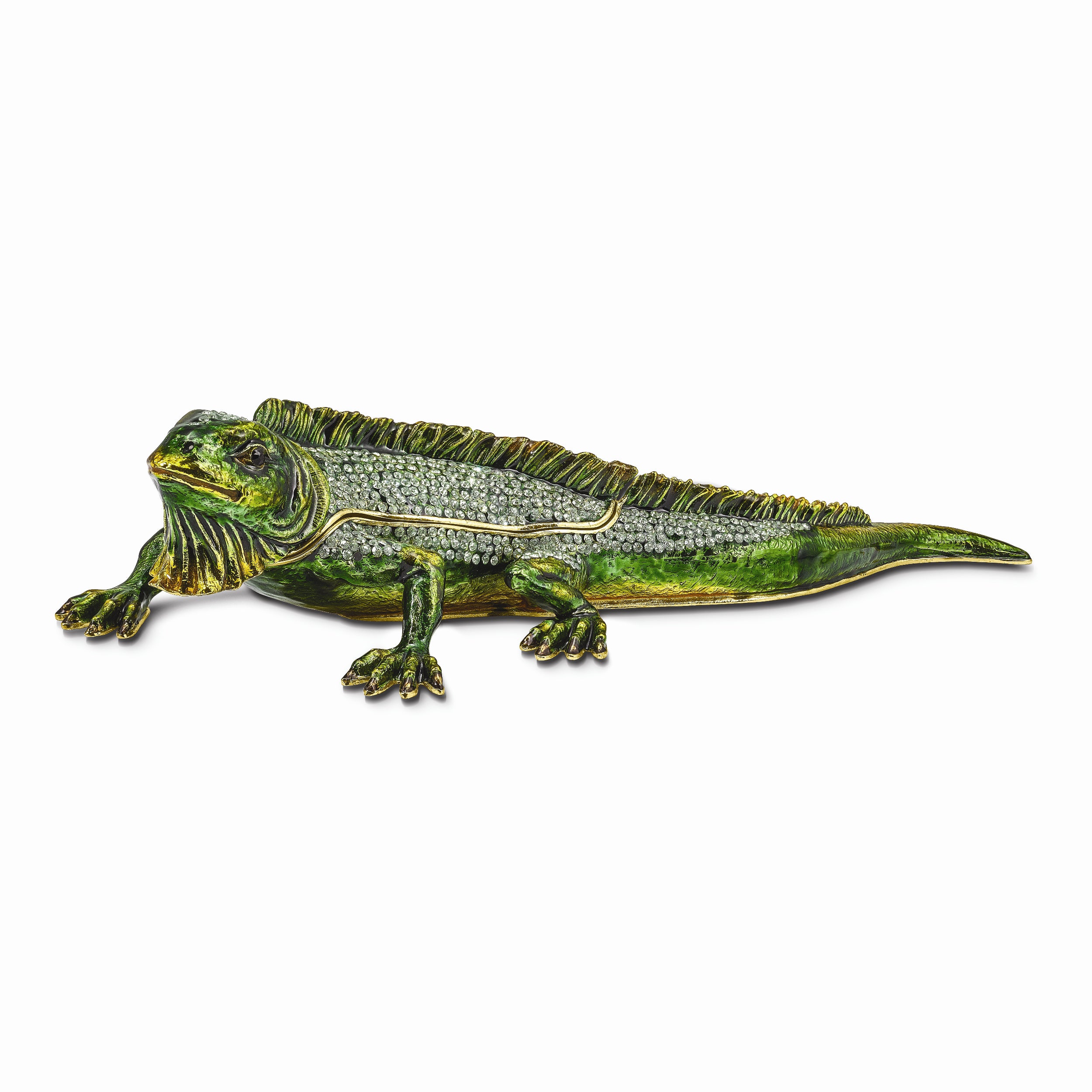 Luxury Giftware Pewter Bejeweled Crystals Gold-tone Enameled IGGY Iguana Trinket Box with Matching 18 Inch Necklace