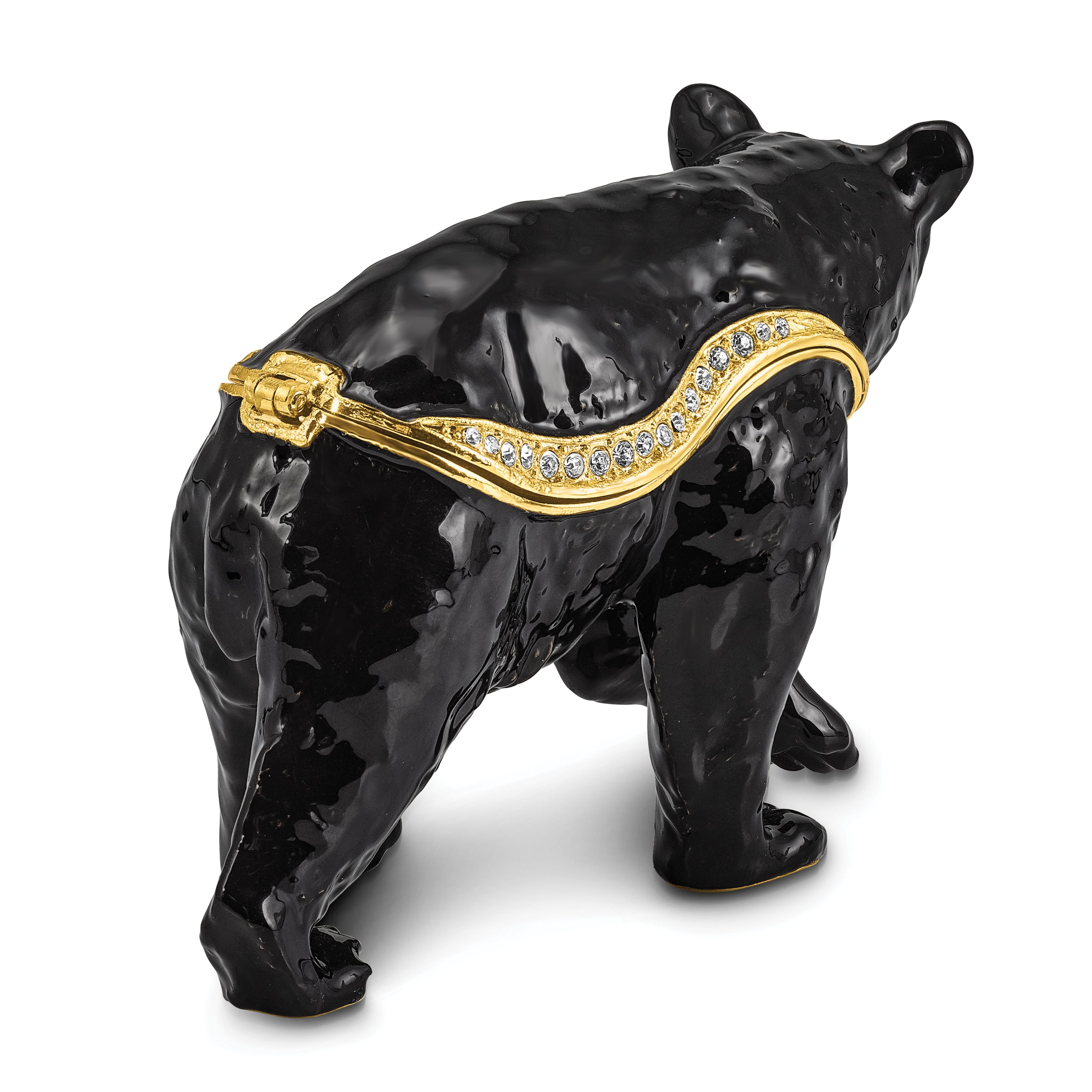 Luxury Giftware Pewter Bejeweled Crystals Gold-tone Enameled SMOKEY Walking Black Bear Trinket Box with Matching 18 Inch Necklace