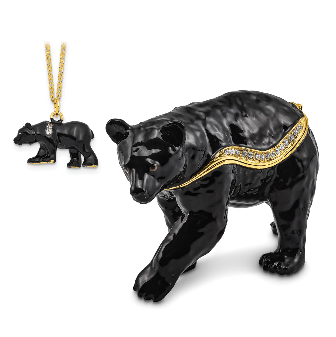 Luxury Giftware Pewter Bejeweled Crystals Gold-tone Enameled SMOKEY Walking Black Bear Trinket Box with Matching 18 Inch Necklace