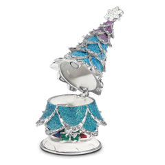 Luxury Giftware Pewter Bejeweled Crystals Silver-tone Enameled ARCTIC BLUE Christmas Tree Trinket Box with Matching 18 Inch Necklace