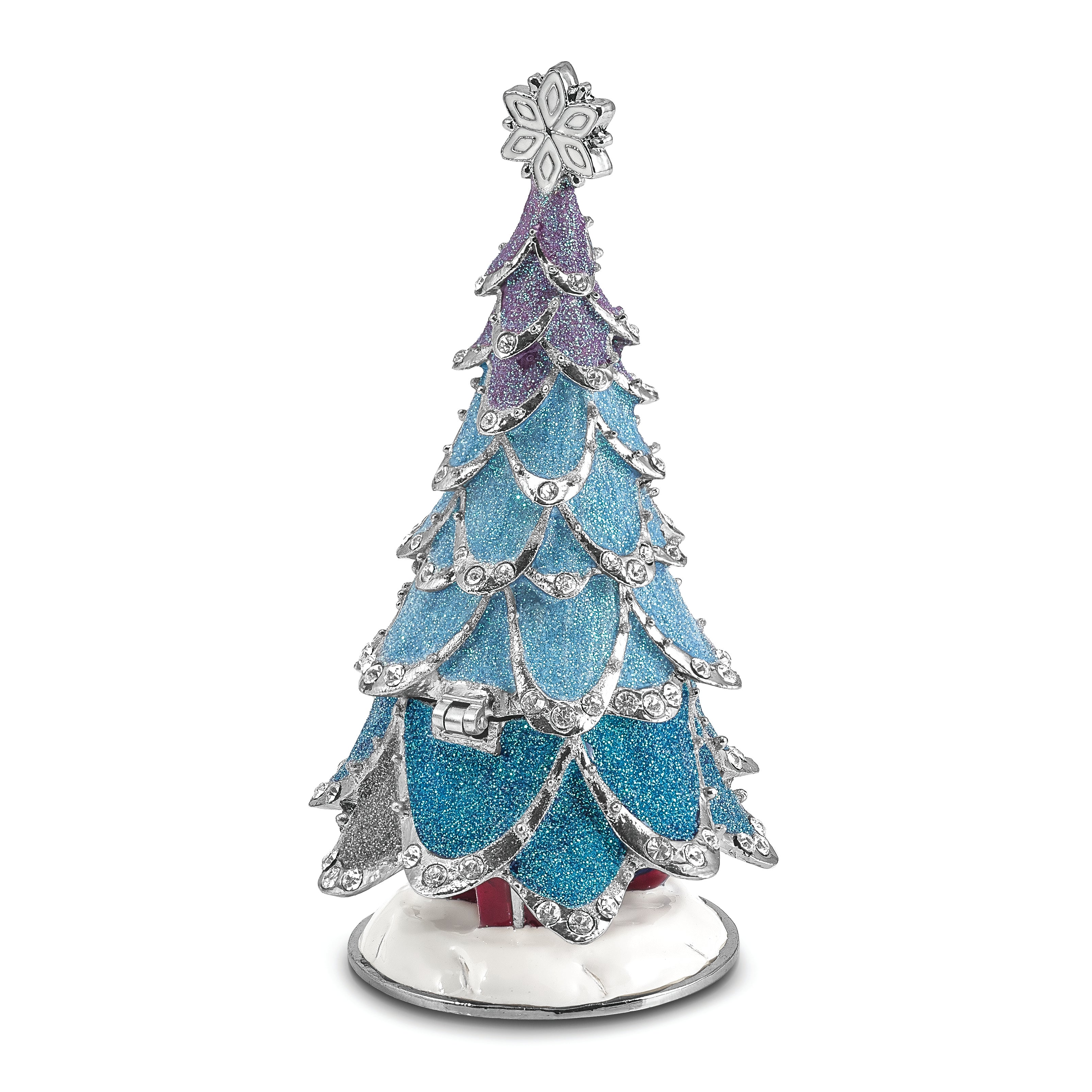 Luxury Giftware Pewter Bejeweled Crystals Silver-tone Enameled ARCTIC BLUE Christmas Tree Trinket Box with Matching 18 Inch Necklace