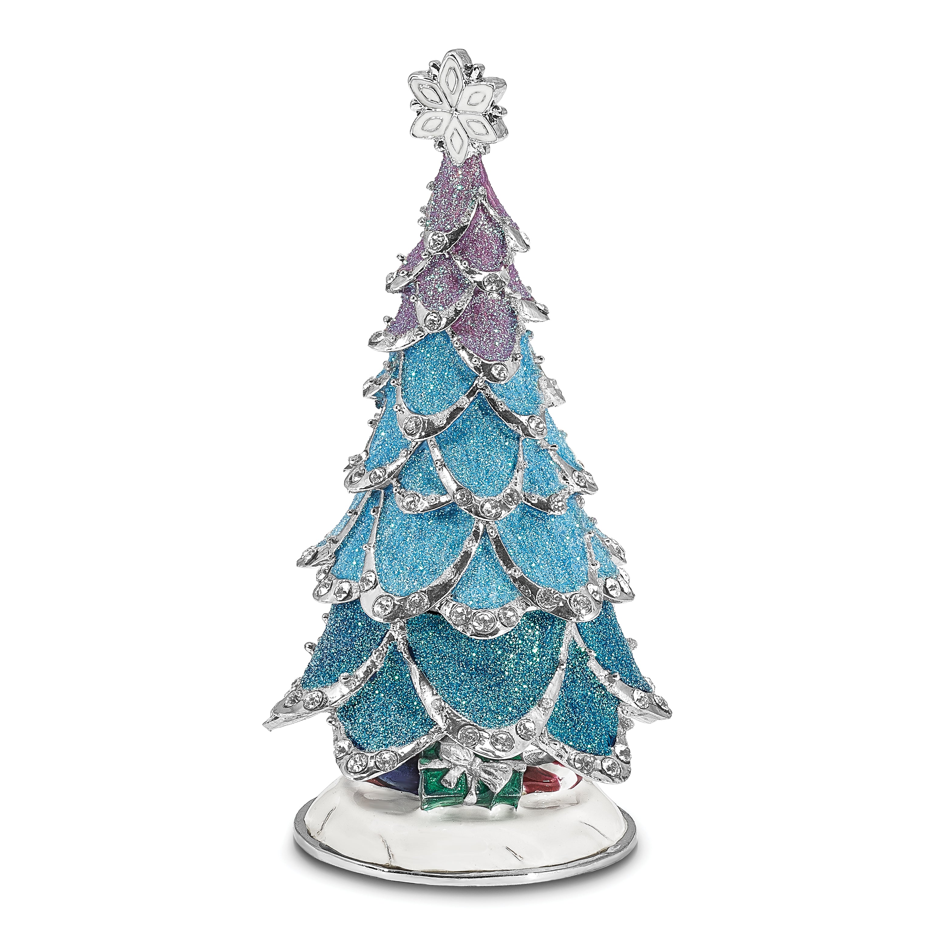 Luxury Giftware Pewter Bejeweled Crystals Silver-tone Enameled ARCTIC BLUE Christmas Tree Trinket Box with Matching 18 Inch Necklace