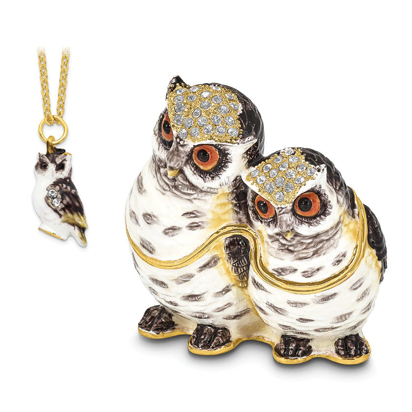 Luxury Giftware Pewter Bejeweled Crystals Gold-tone Enameled OLGA and OMAR Mother and Baby Owl Trinket Box with Matching 18 Inch Necklace