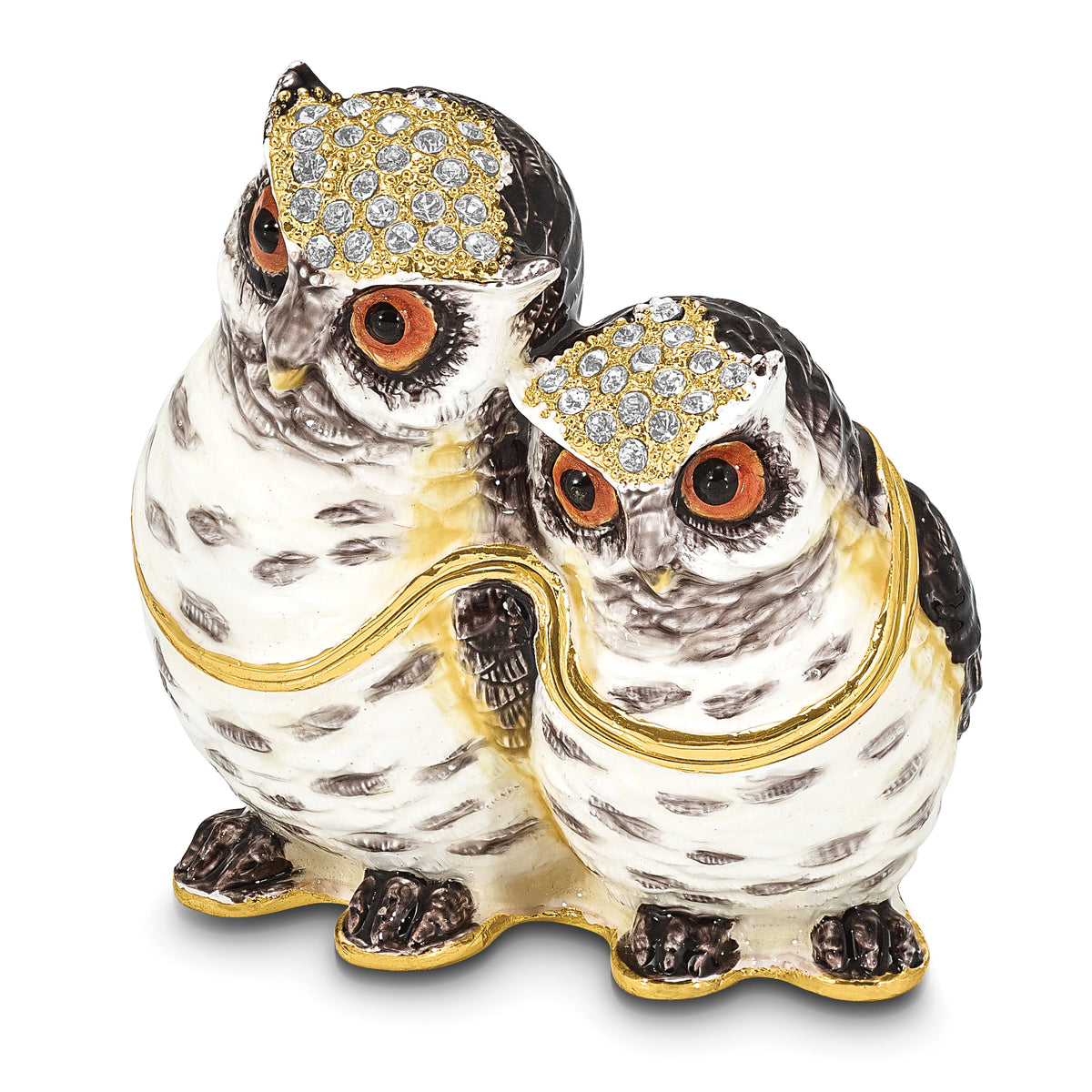 Luxury Giftware Pewter Bejeweled Crystals Gold-tone Enameled OLGA and OMAR Mother and Baby Owl Trinket Box with Matching 18 Inch Necklace