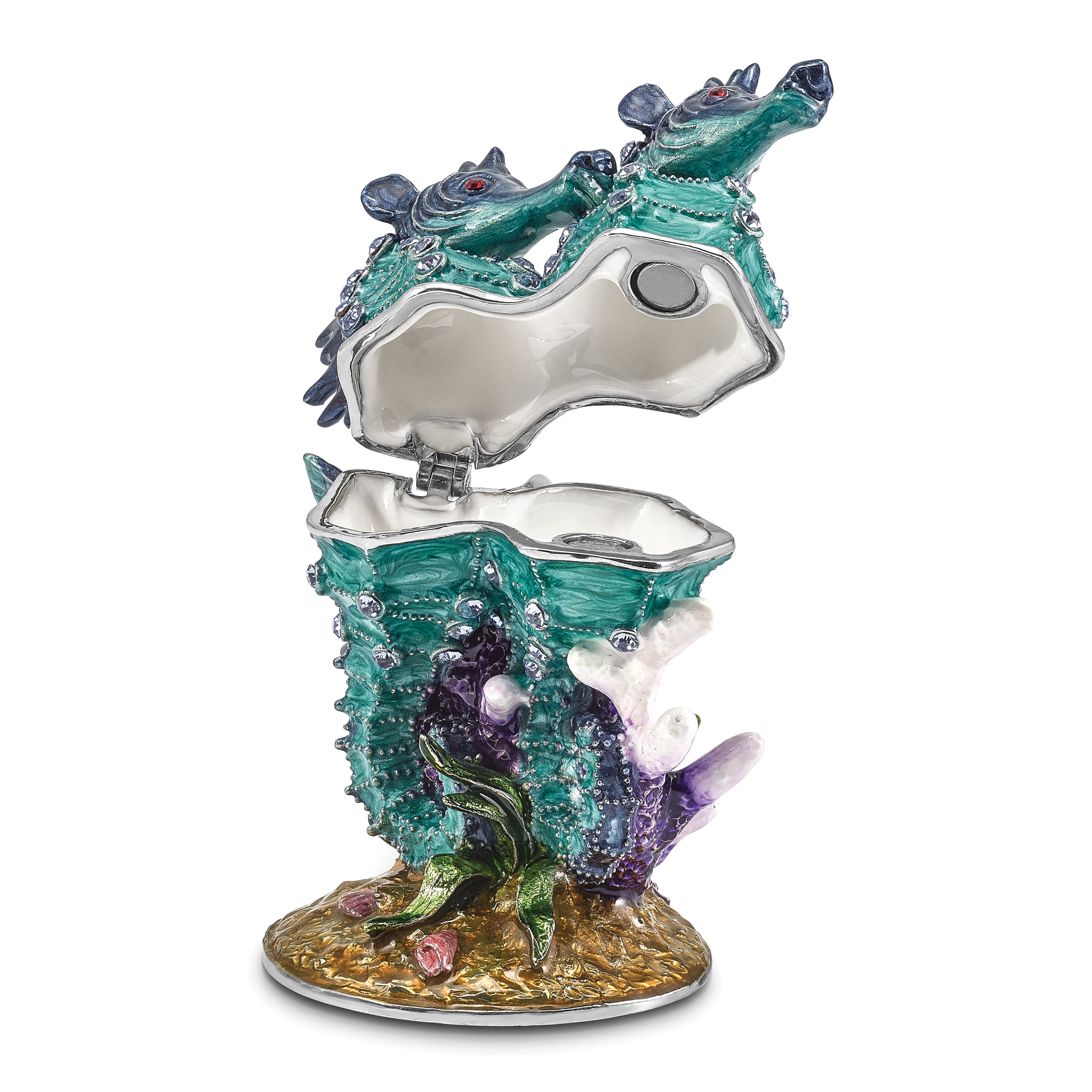 Luxury Giftware Pewter Bejeweled Crystals Silver-tone Enameled ECHO Twin Sea Horse Trinket Box with Matching 18 Inch Necklace