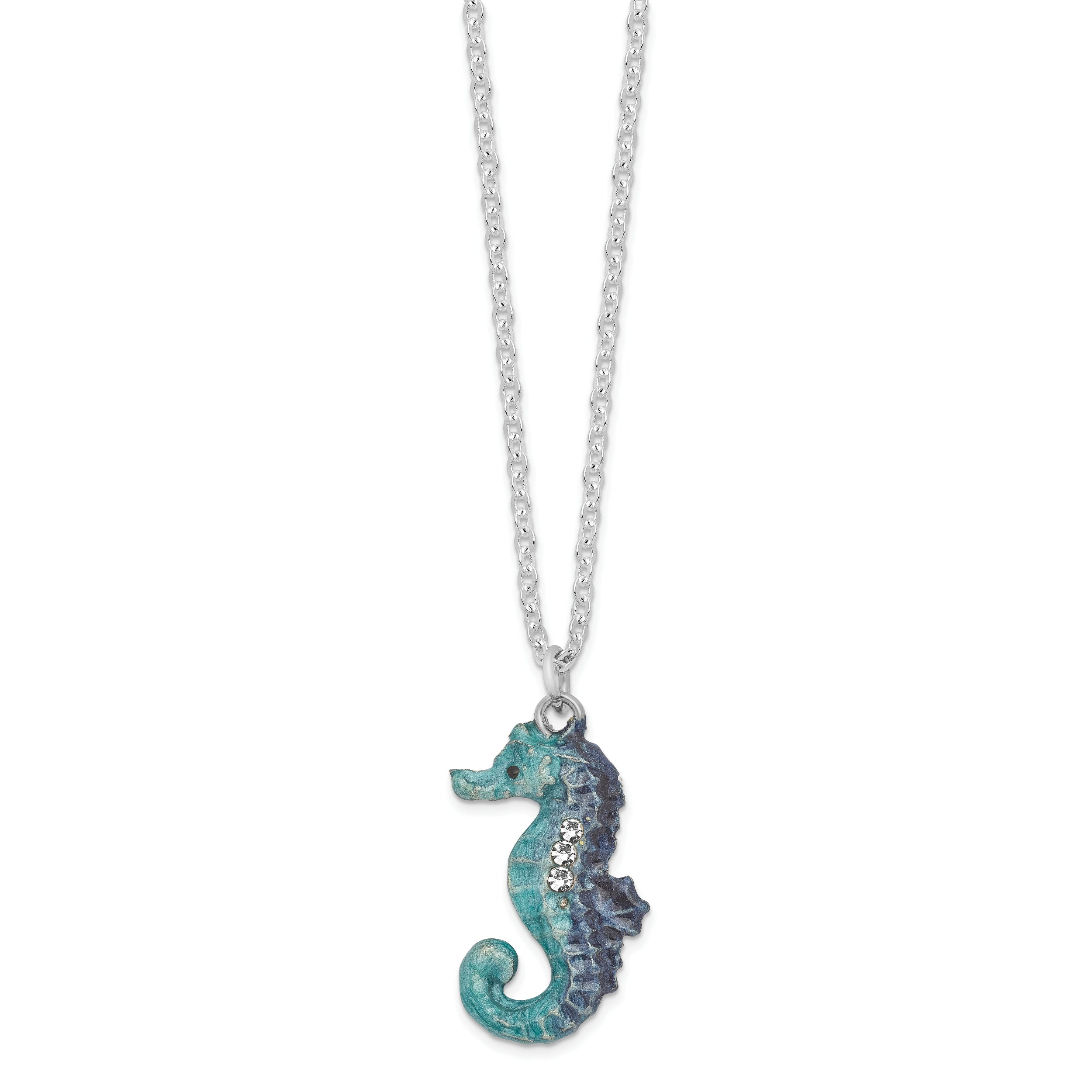 Luxury Giftware Pewter Bejeweled Crystals Silver-tone Enameled ECHO Twin Sea Horse Trinket Box with Matching 18 Inch Necklace