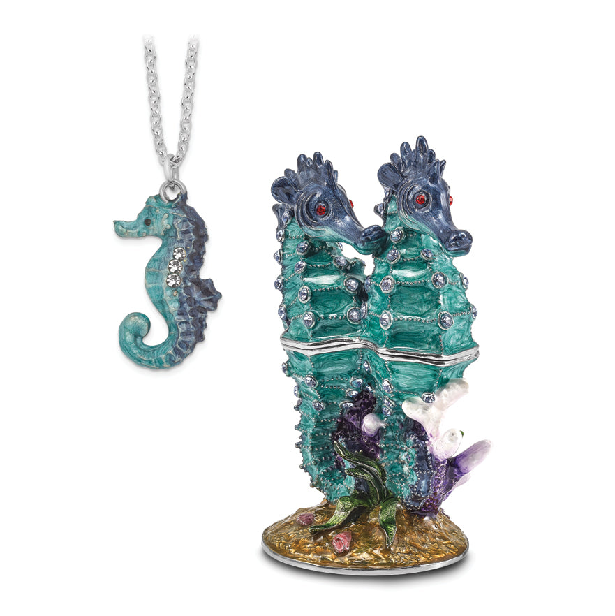 Luxury Giftware Pewter Bejeweled Crystals Silver-tone Enameled ECHO Twin Sea Horse Trinket Box with Matching 18 Inch Necklace