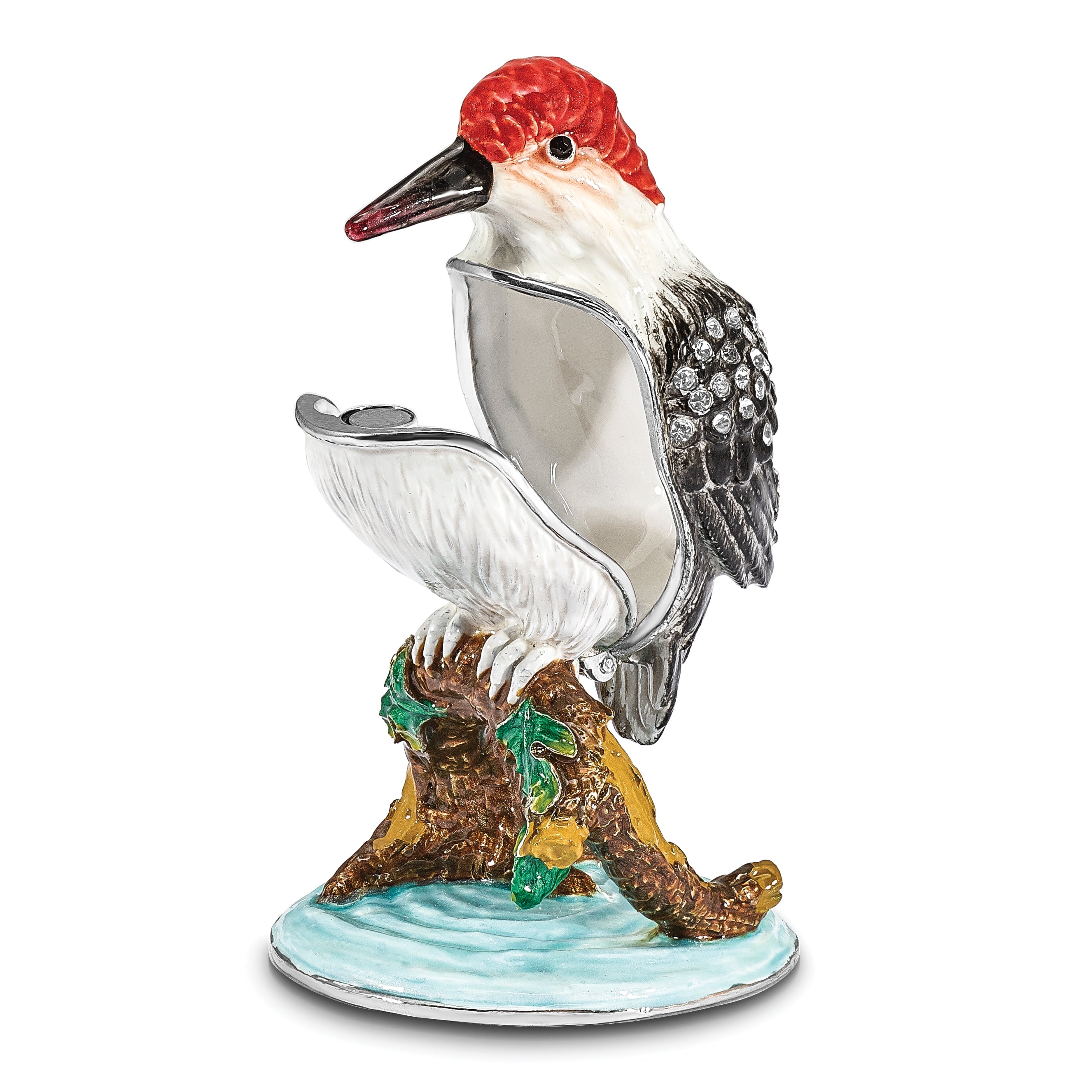 Luxury Giftware Pewter Bejeweled Crystals Silver-tone Enameled WOODROW Woodpecker Trinket Box with Matching 18 Inch Necklace