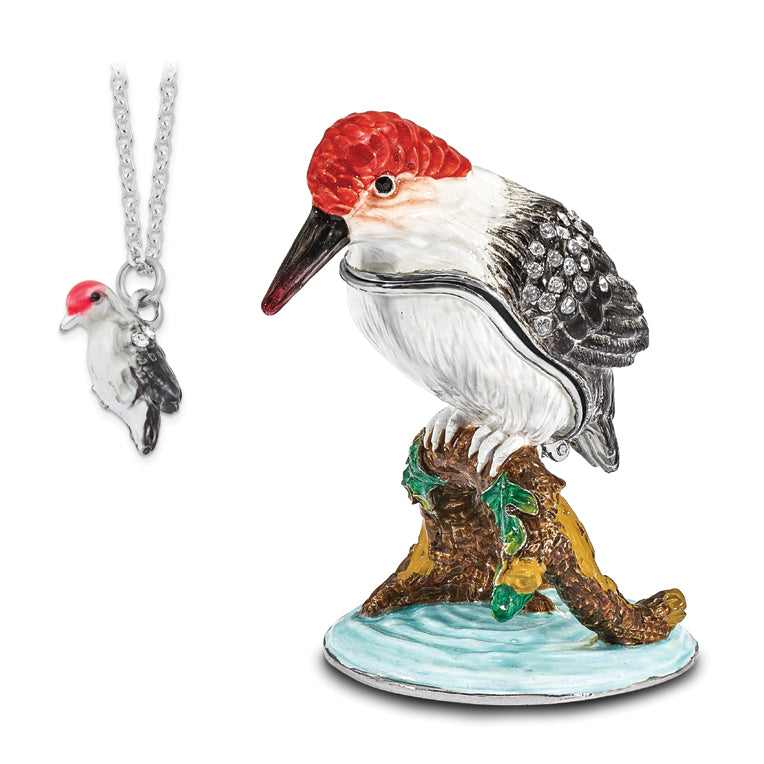 Luxury Giftware Pewter Bejeweled Crystals Silver-tone Enameled WOODROW Woodpecker Trinket Box with Matching 18 Inch Necklace