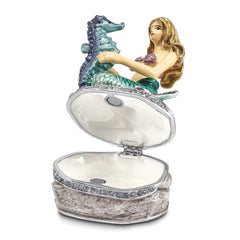 Luxury Giftware Pewter Bejeweled Crystals Silver-tone Enameled ADELLA Mermaid with Seahorse Trinket Box with Matching 18 Inch Necklace