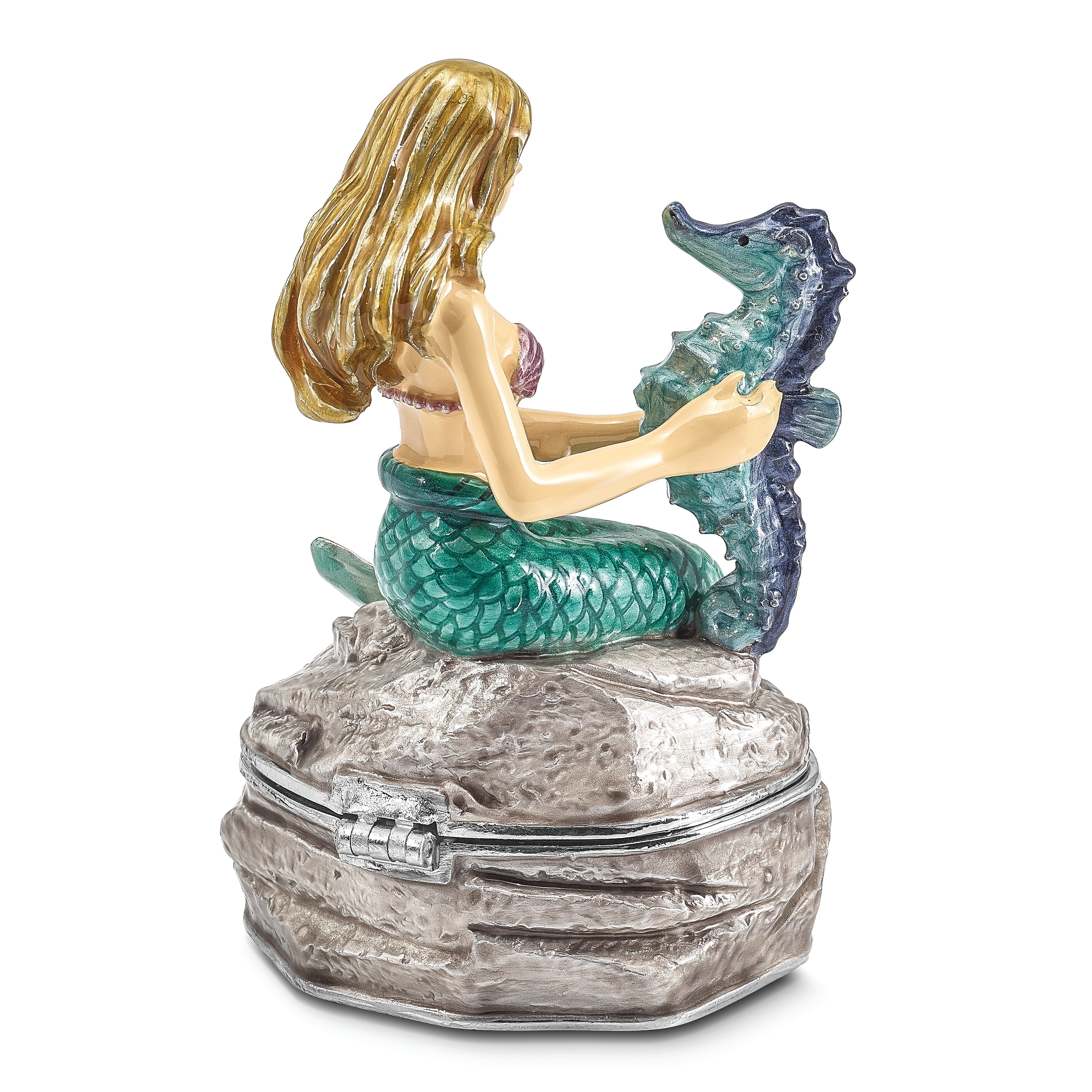 Luxury Giftware Pewter Bejeweled Crystals Silver-tone Enameled ADELLA Mermaid with Seahorse Trinket Box with Matching 18 Inch Necklace