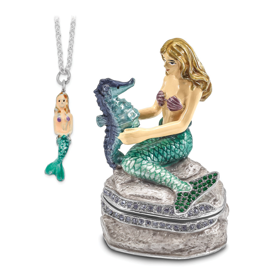 Luxury Giftware Pewter Bejeweled Crystals Silver-tone Enameled ADELLA Mermaid with Seahorse Trinket Box with Matching 18 Inch Necklace