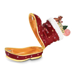 Luxury Giftware Pewter Bejeweled Crystals Gold-tone Enameled BOOTS Stocking Trinket Box with Matching 18 Inch Necklace