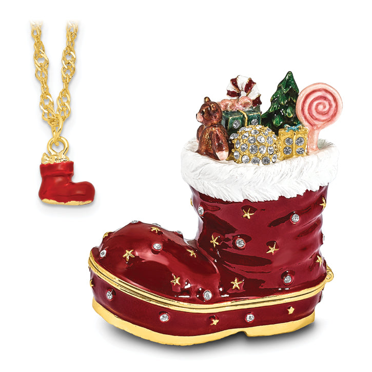 Luxury Giftware Pewter Bejeweled Crystals Gold-tone Enameled BOOTS Stocking Trinket Box with Matching 18 Inch Necklace