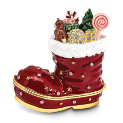 Luxury Giftware Pewter Bejeweled Crystals Gold-tone Enameled BOOTS Stocking Trinket Box with Matching 18 Inch Necklace